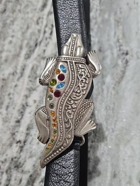 Vintage Chico's Silver Crocodile Charm Belt with Multicolor Gems M/L adjustable